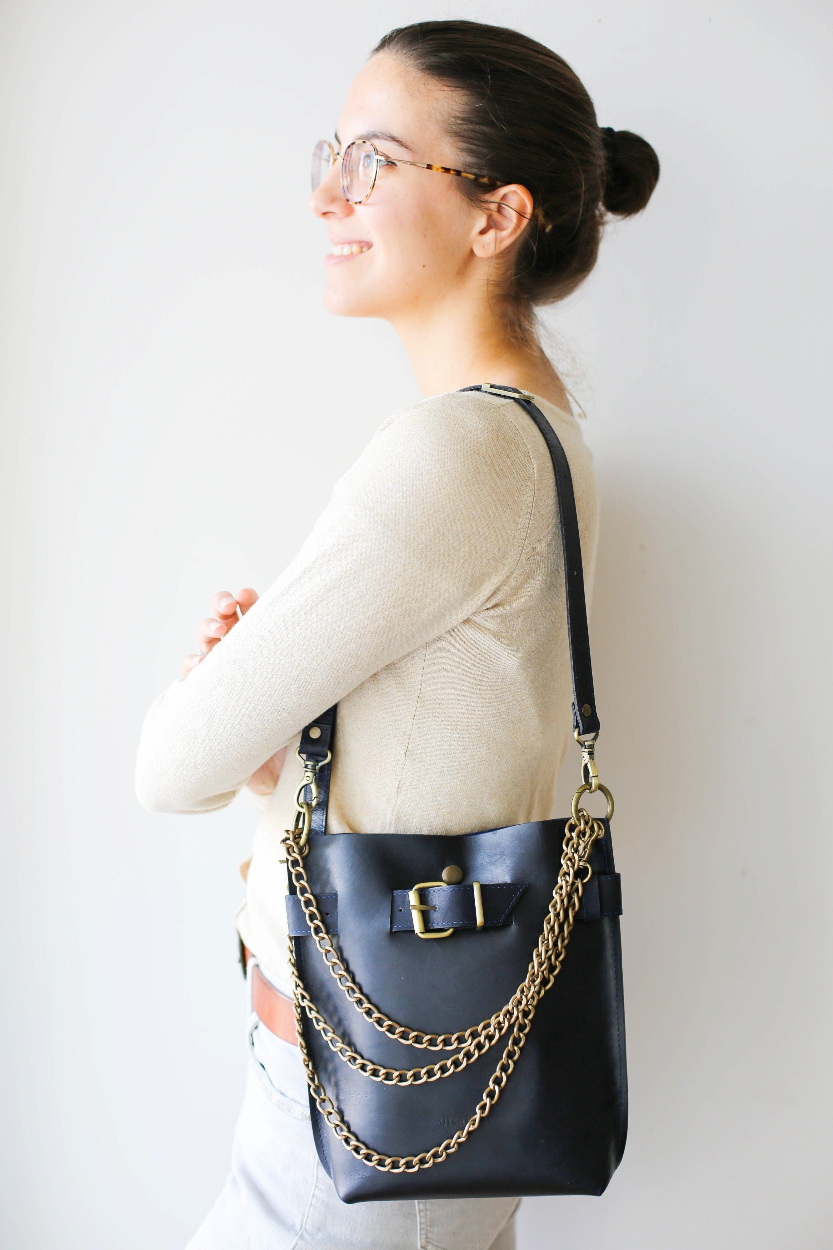 blue leather crossbody bag