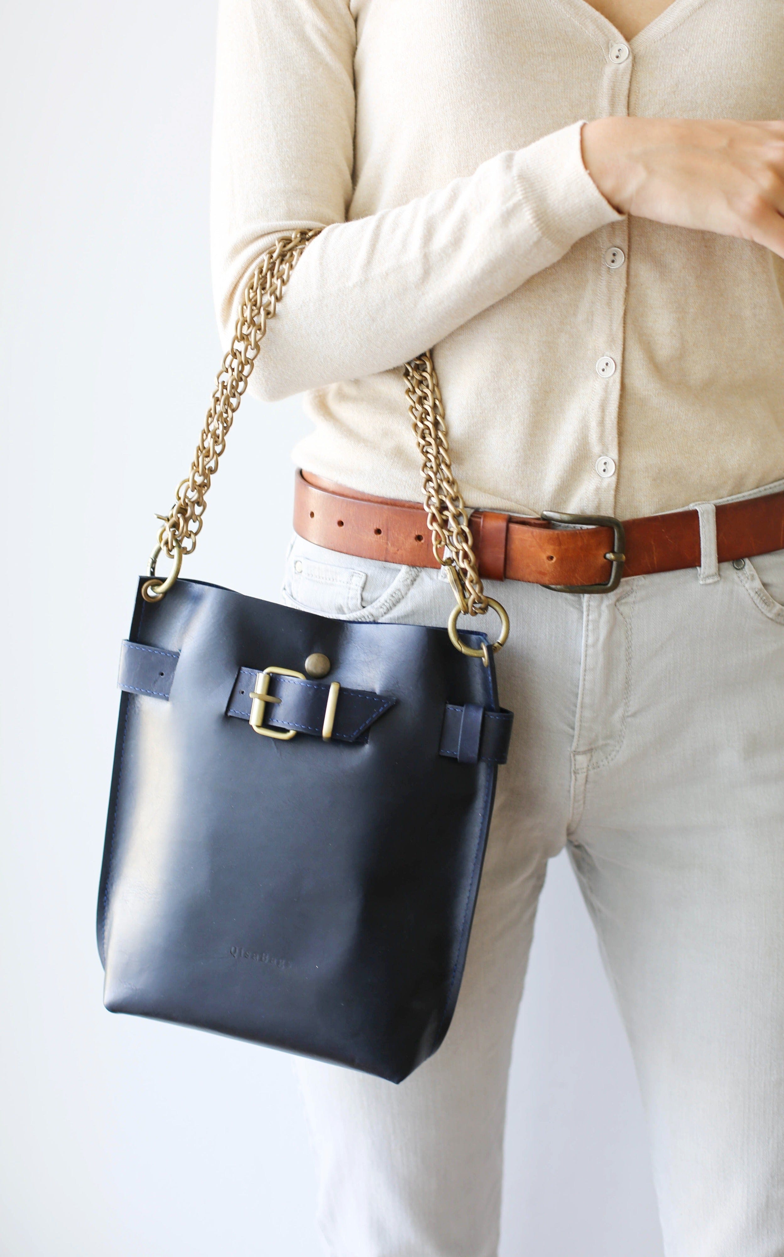 navy blue leather bag