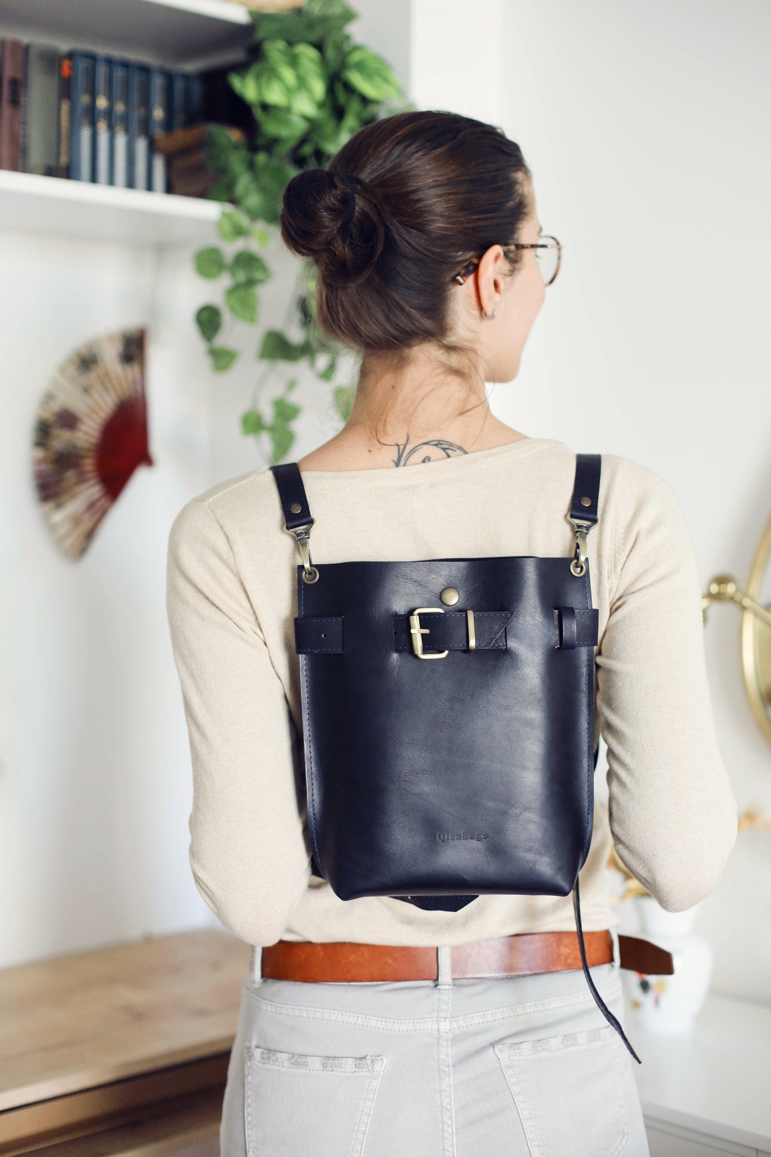 blue backpack leather