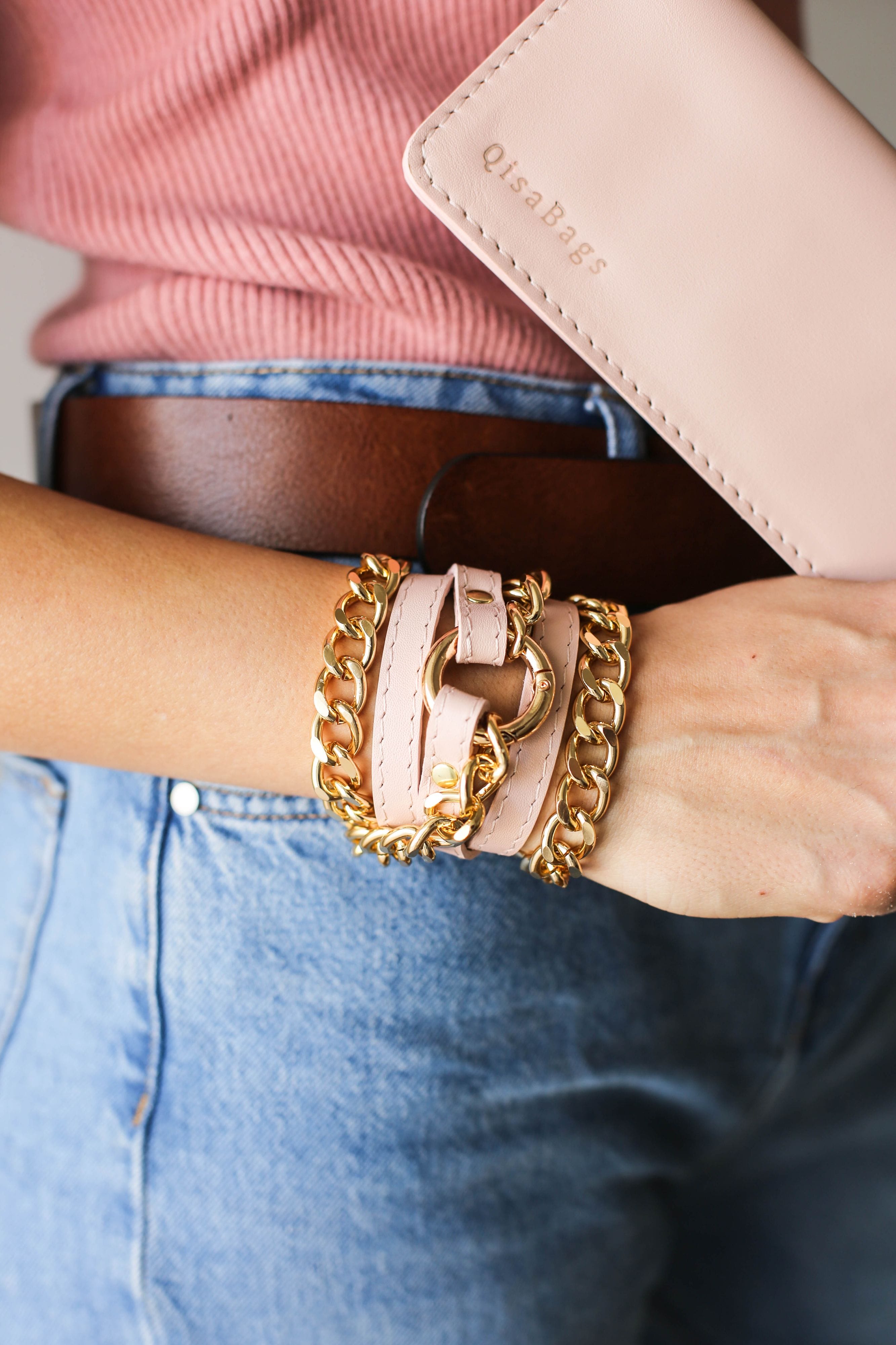 Small Ring Pink Leather Bracelet w/ Rose Gold Chain