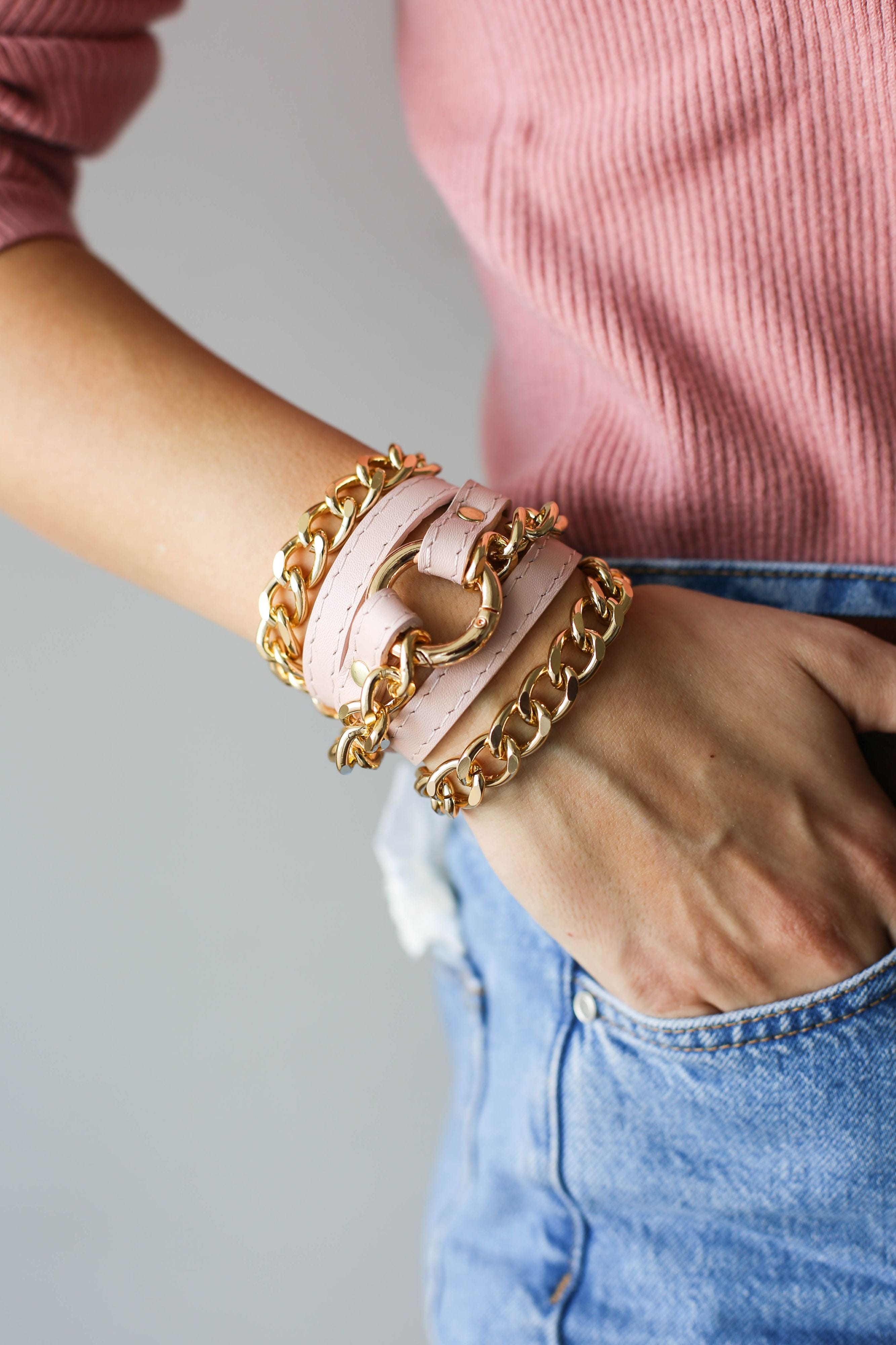 Small Ring Pink Leather Bracelet w/ Rose Gold Chain