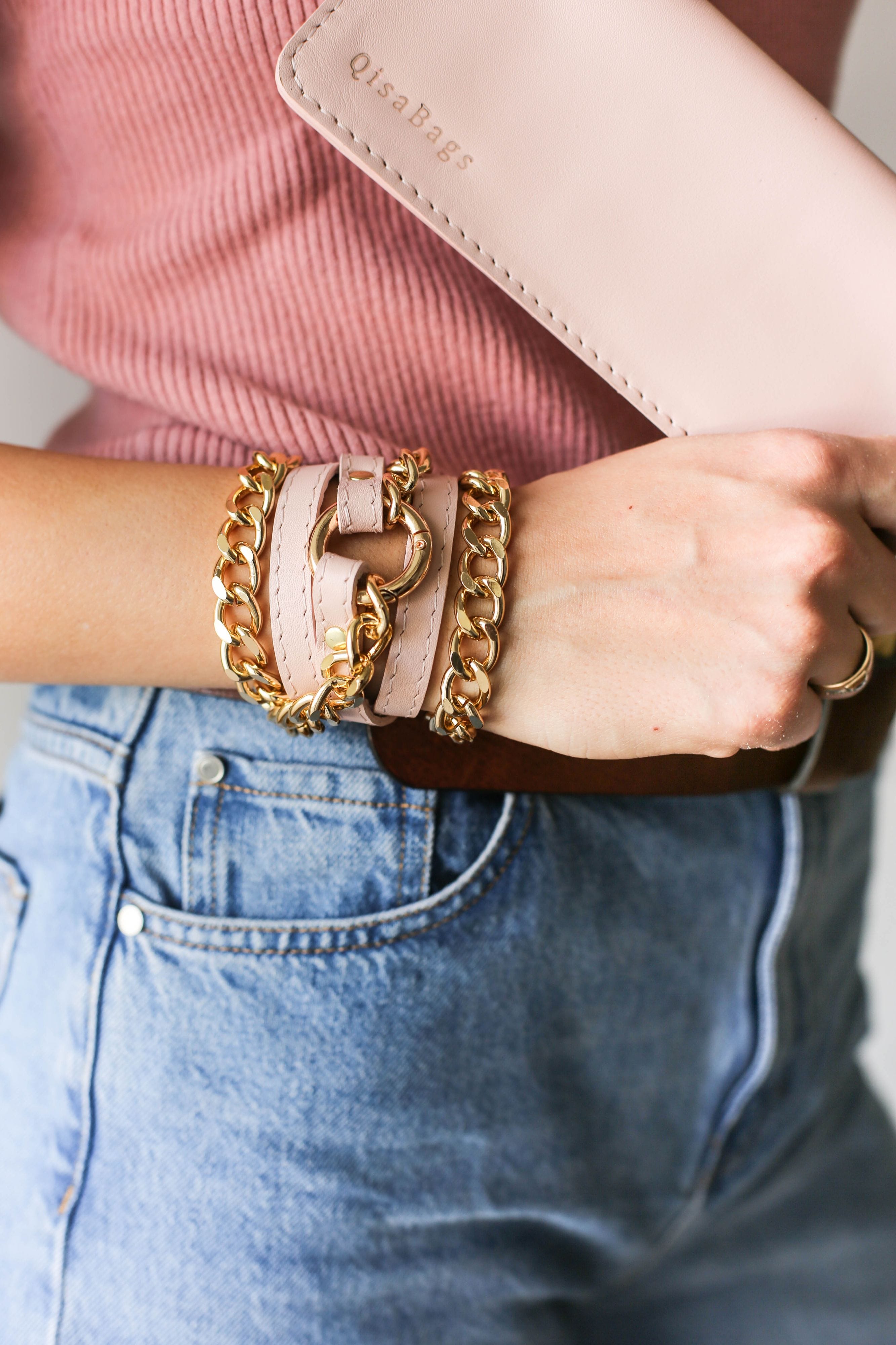 Small Ring Pink Leather Bracelet w/ Rose Gold Chain