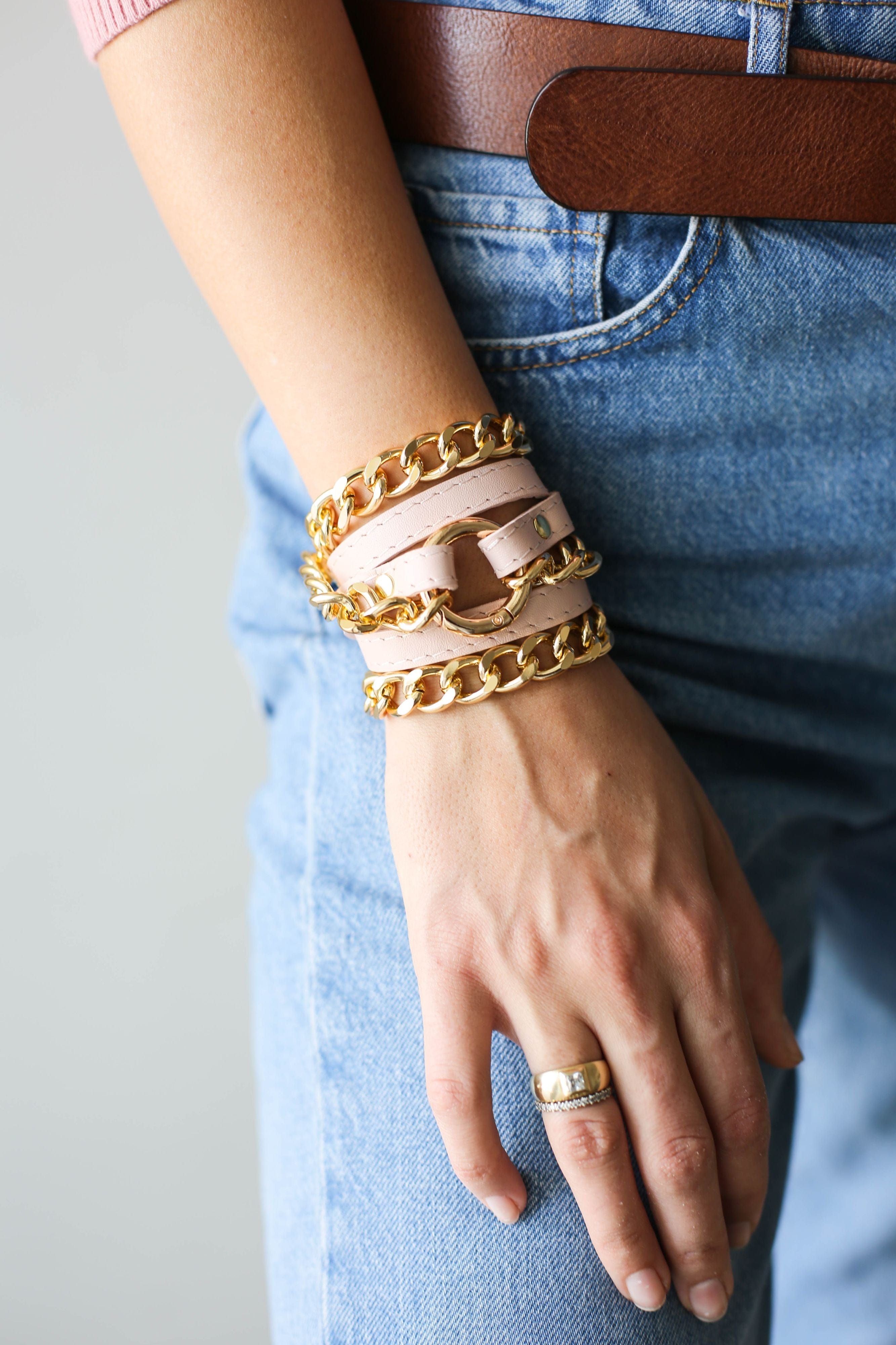 Small Ring Pink Leather Bracelet w/ Rose Gold Chain