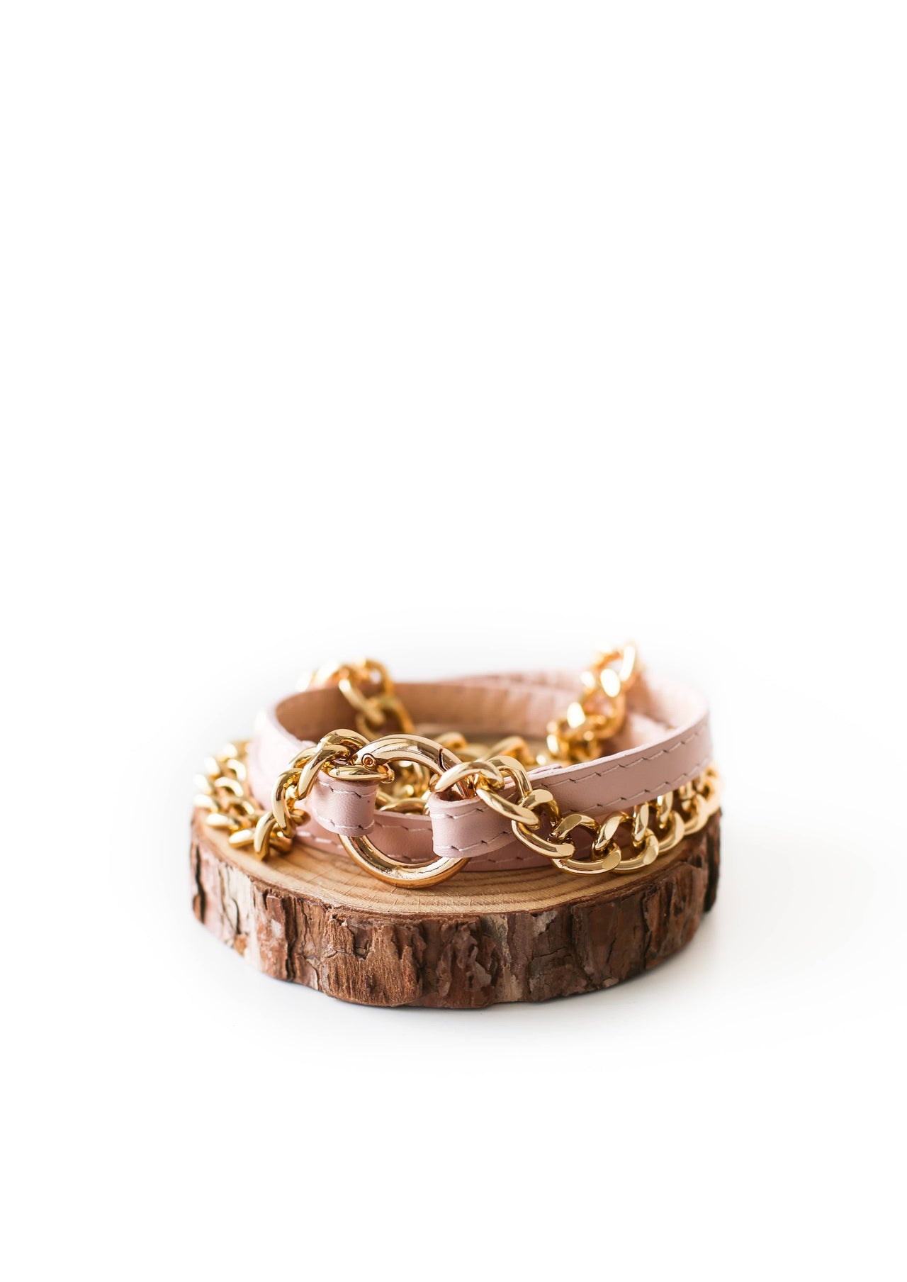 Small Ring Pink Leather Bracelet w/ Rose Gold Chain