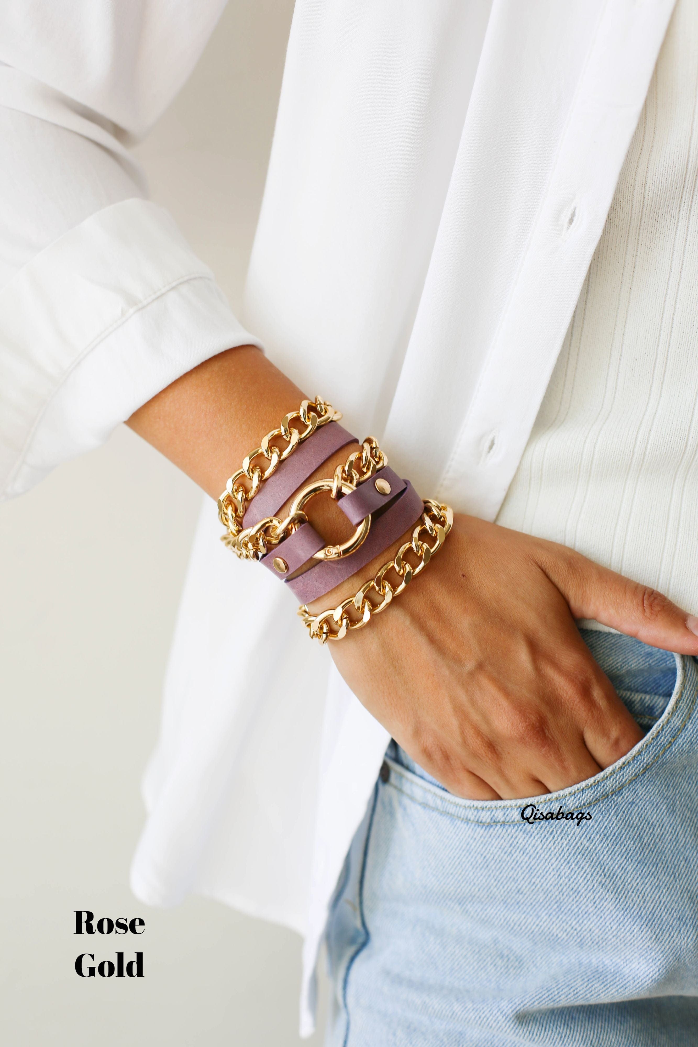 Small Ring Lilac Leather Bracelet w/ Chain