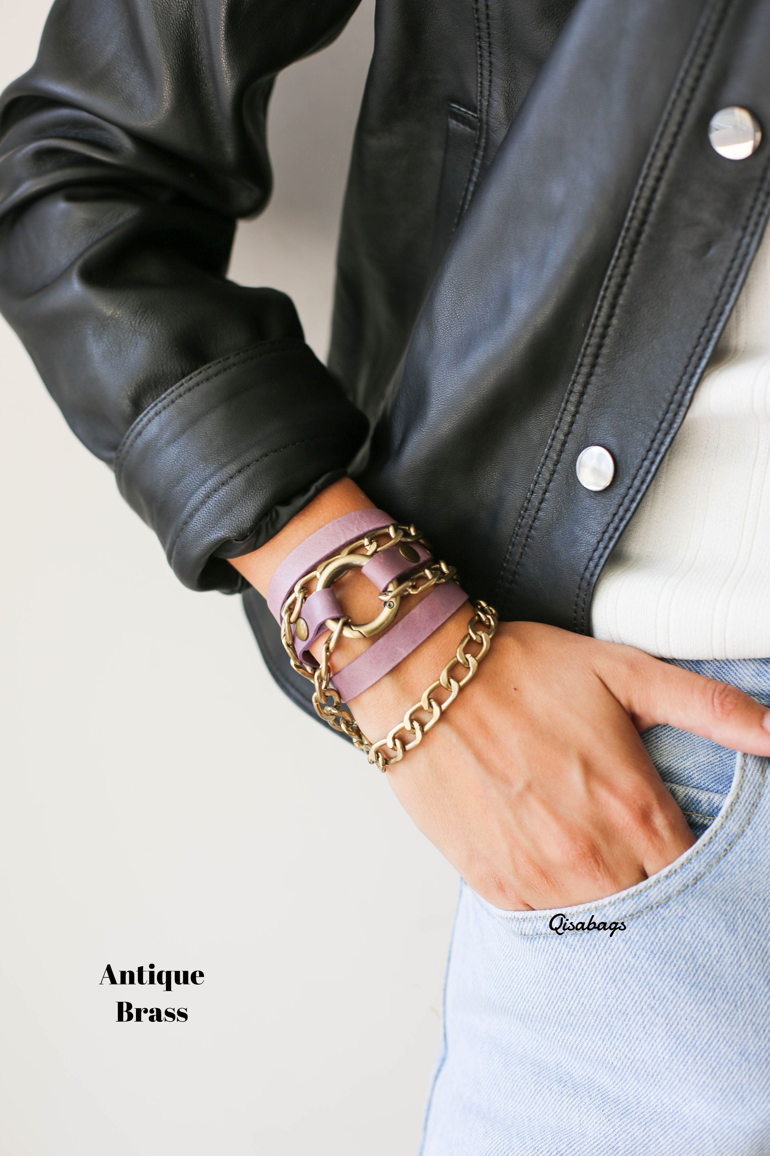 Small Ring Lilac Leather Bracelet w/ Chain