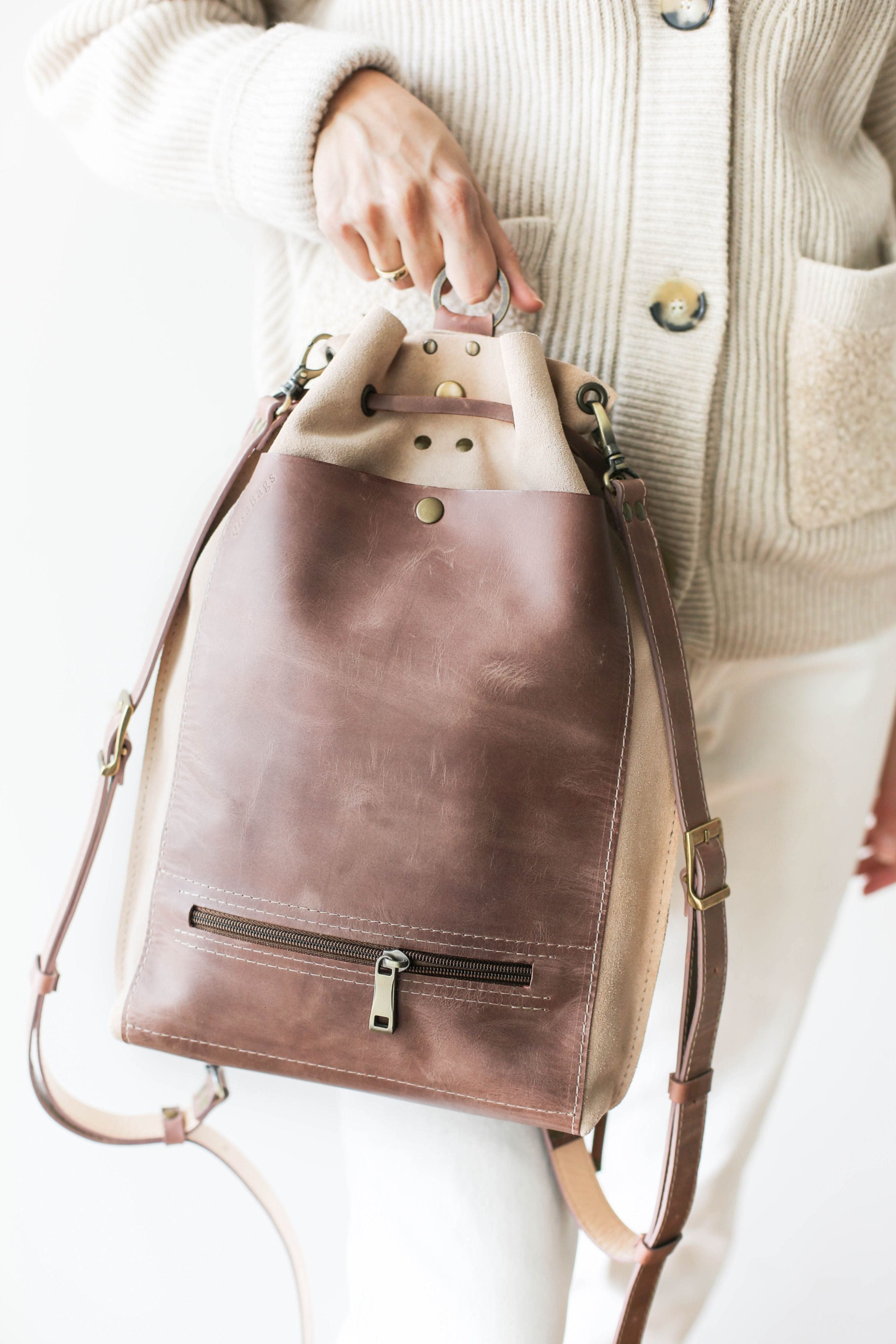 taupe suede leather backpack purse 32246540173489