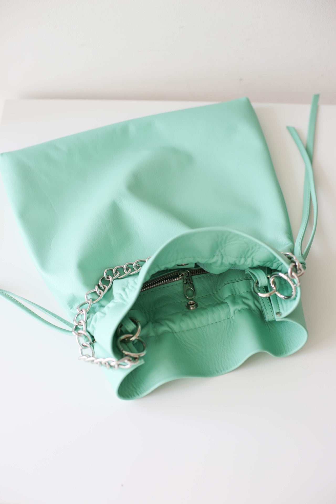 Turquoise Leather Drawstring Backpack