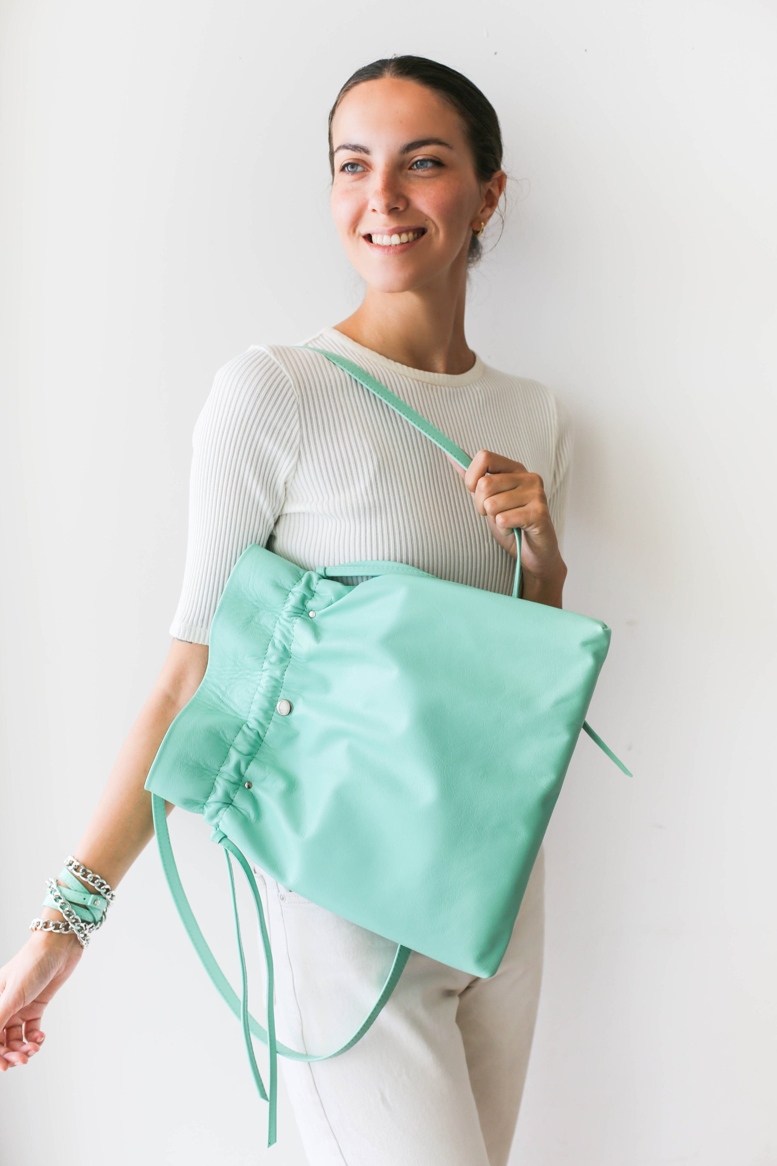 Turquoise Leather Drawstring Backpack