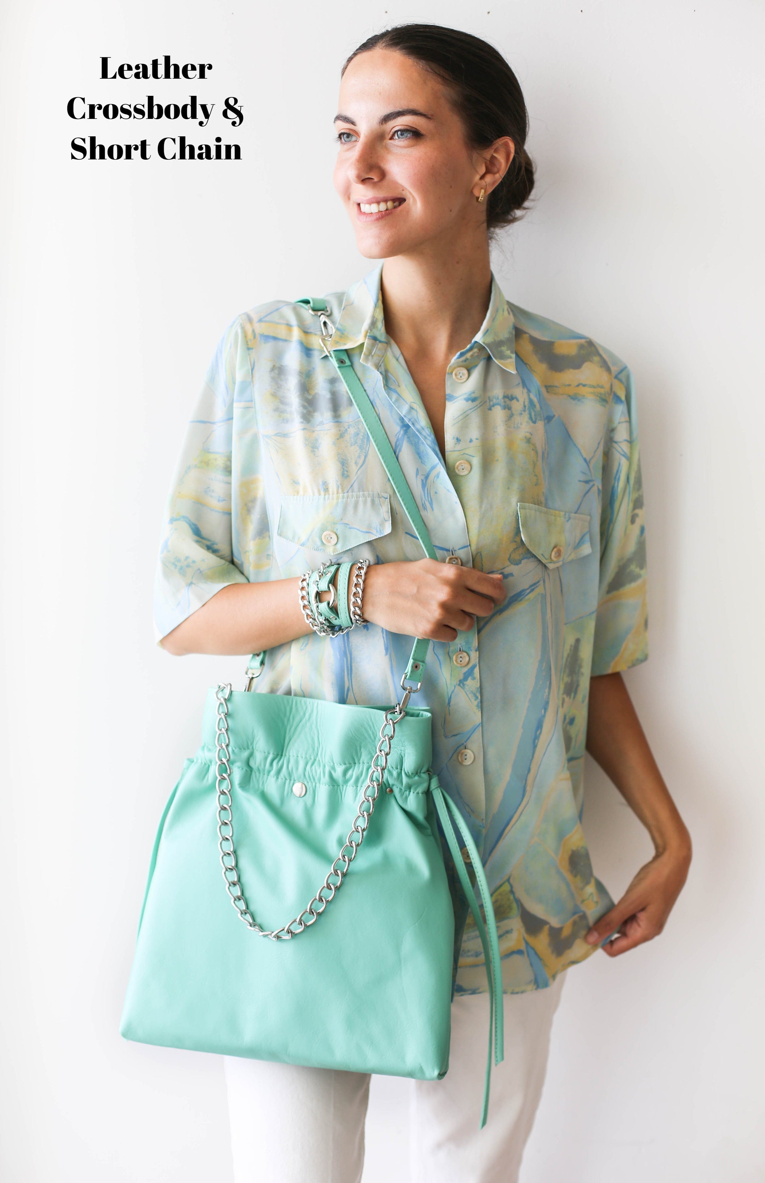 Turquoise Leather Drawstring Backpack