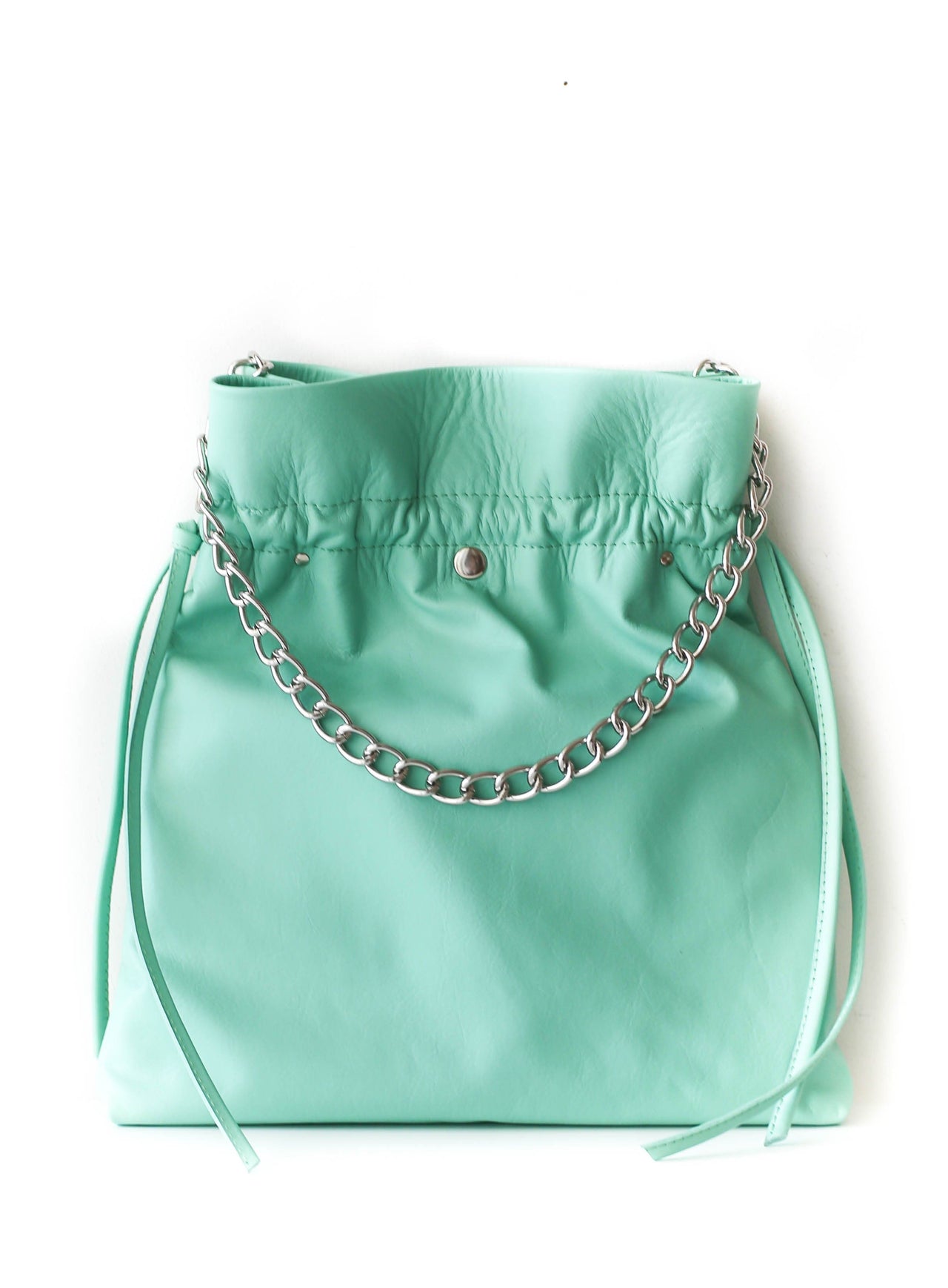 Turquoise Leather Drawstring Handbag Teal Leather Cinch Bag 