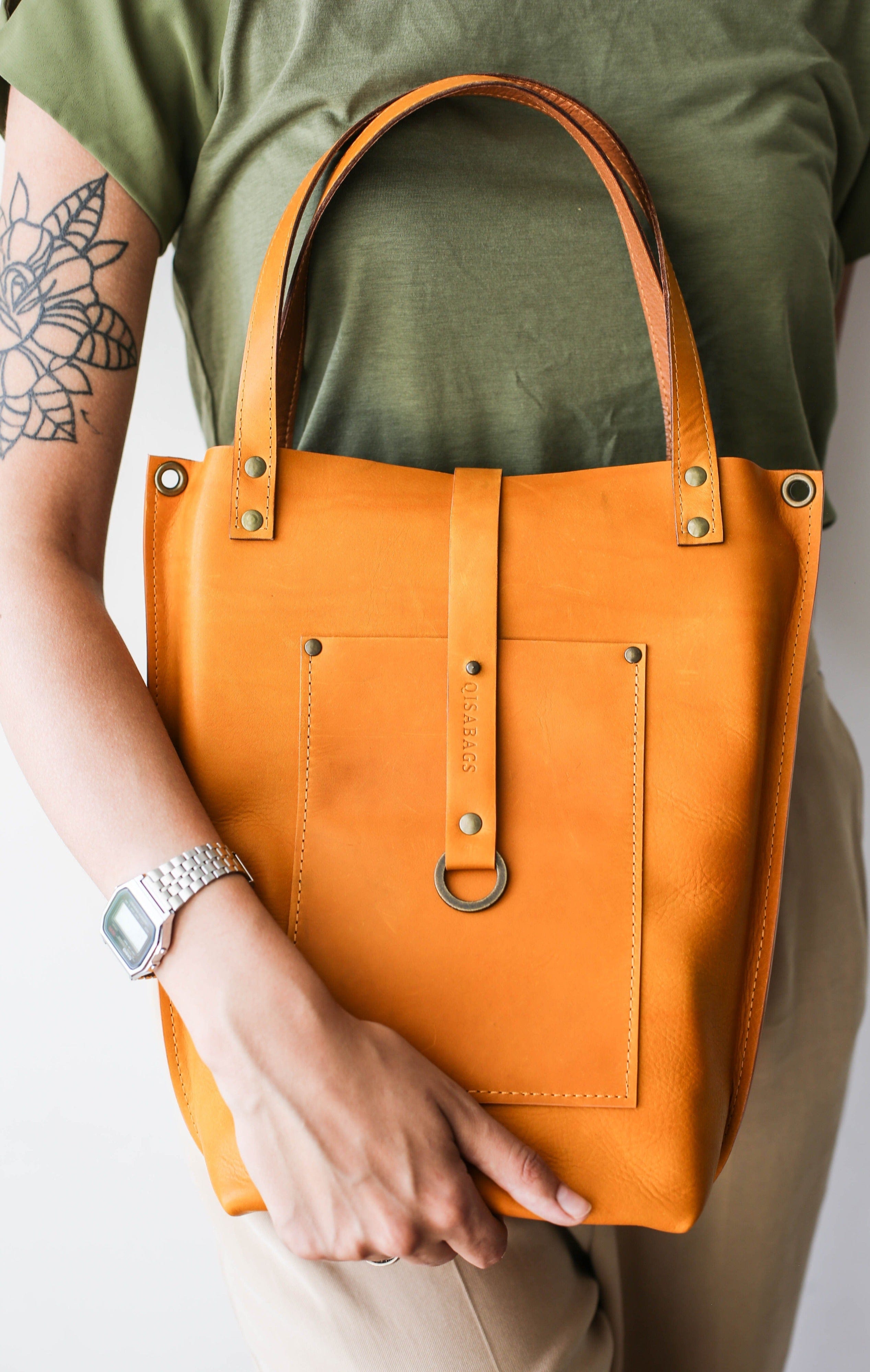 handmade leather tote bag