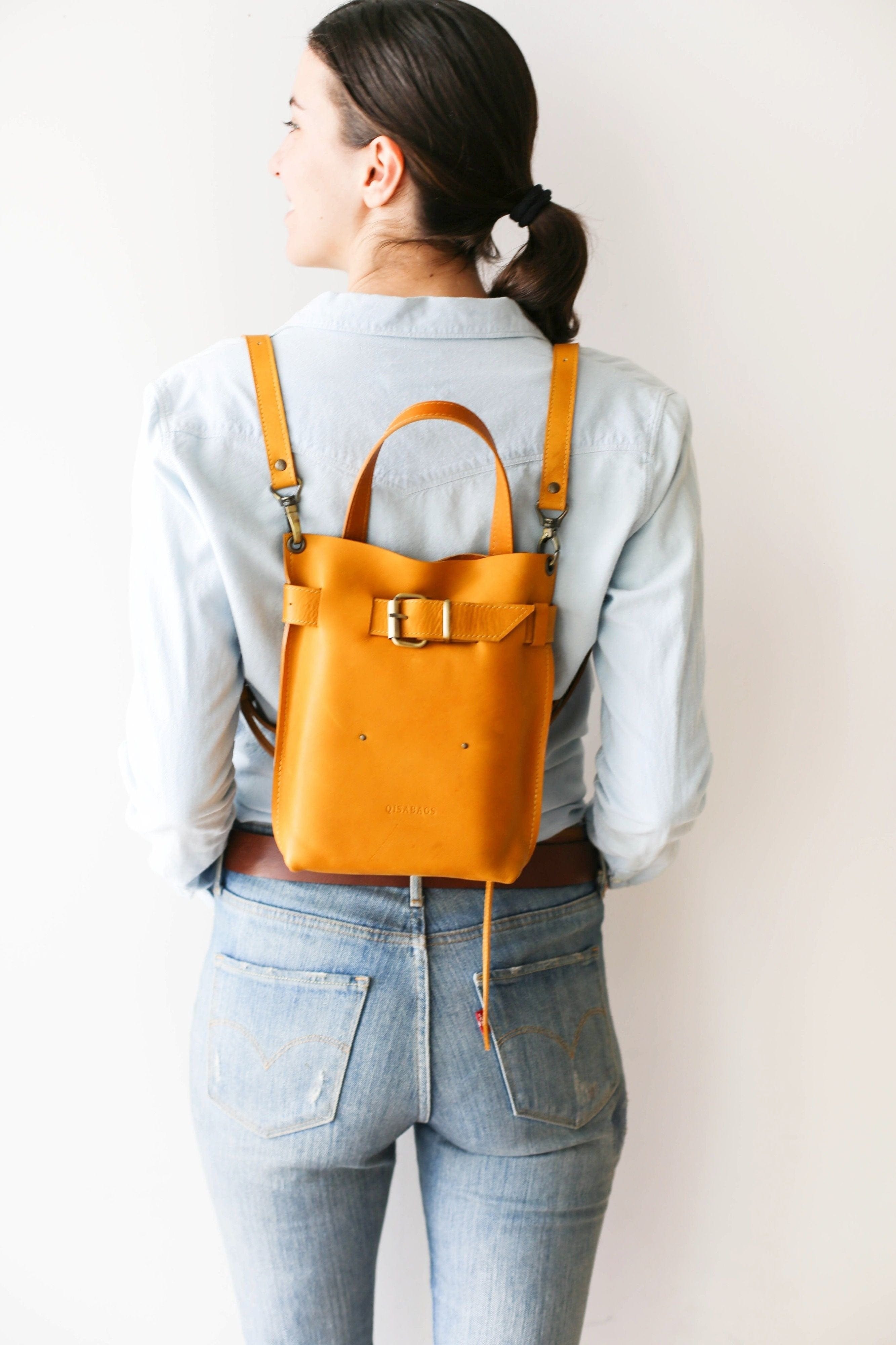 yellow leather backpack